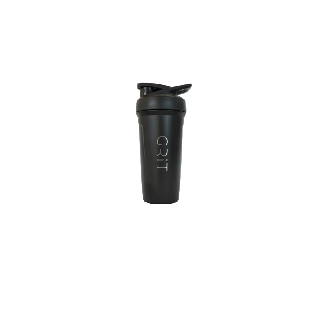 Black shaker bottle with 'GRIT' branding on a white background
