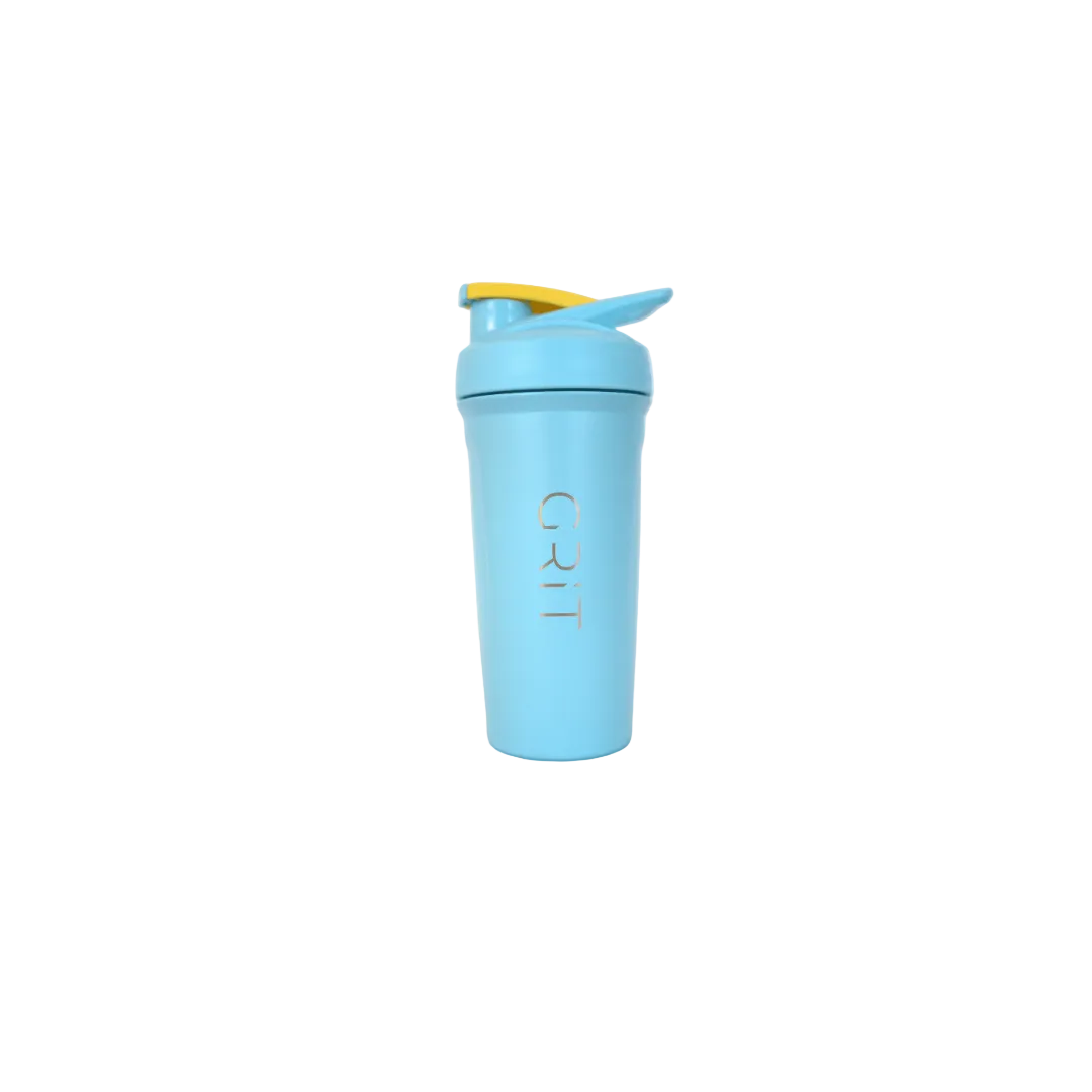 Light blue shaker bottle with yellow top on a white background