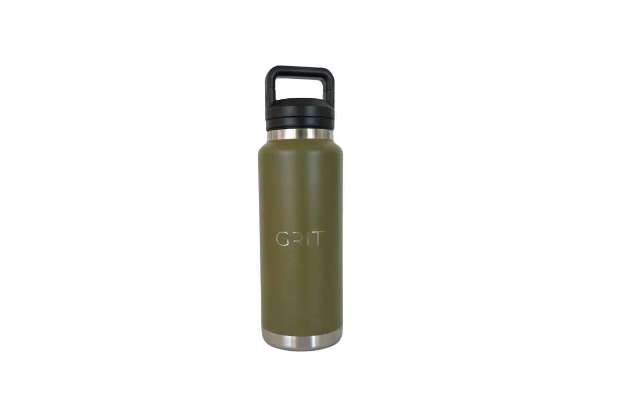 Green water bottle with 'GRIT' branding on a gray background