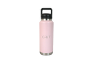 Pink water bottle with black lid on a gray background