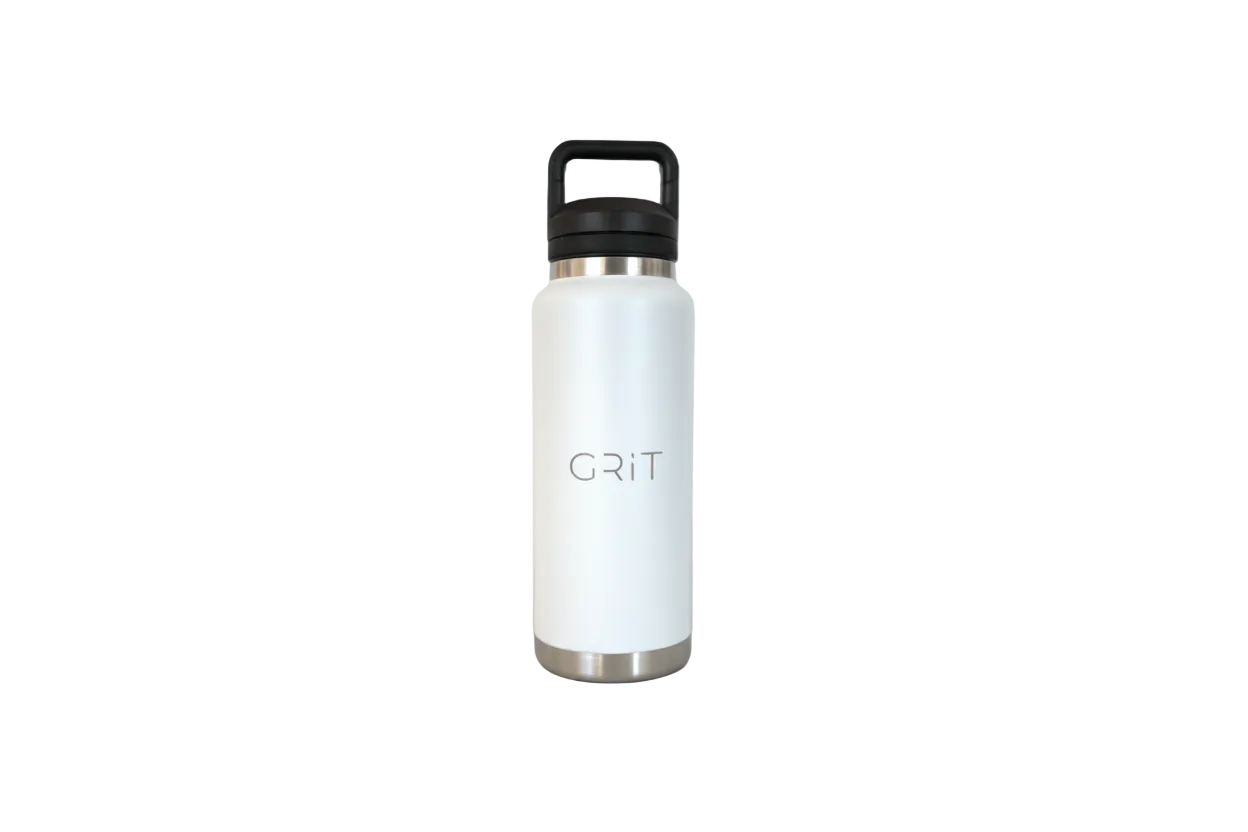 White water bottle with black lid