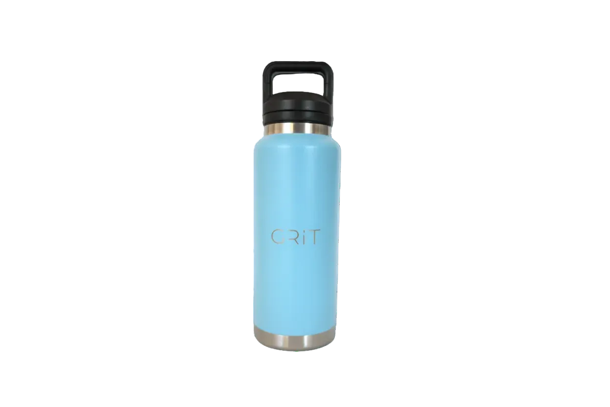 Light blue water bottle with black lid on a white background