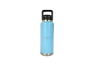 Light blue water bottle with black lid on a white background